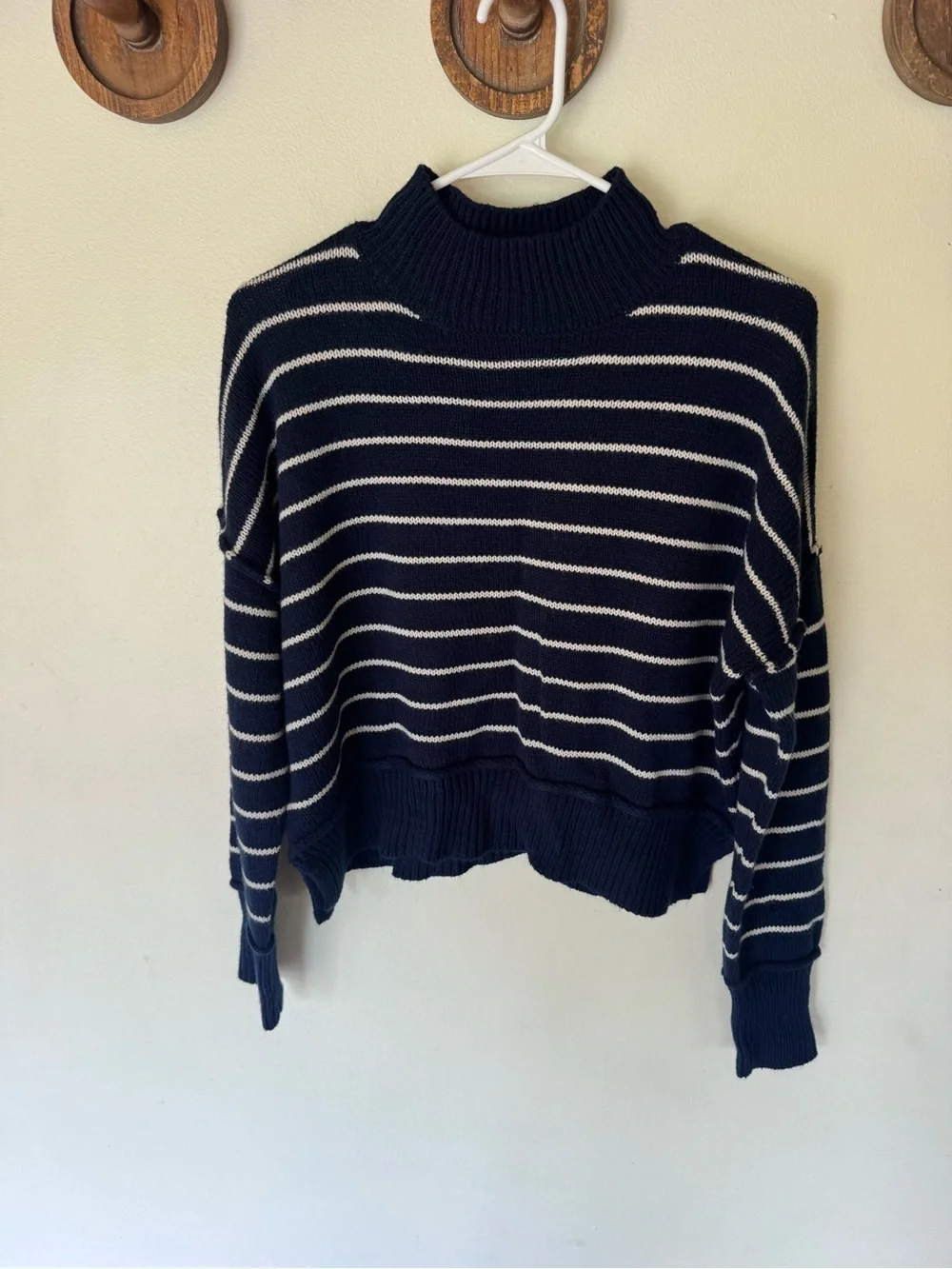The Workshop navy blue Striped Mock Neck cropped Women's Sweater size small